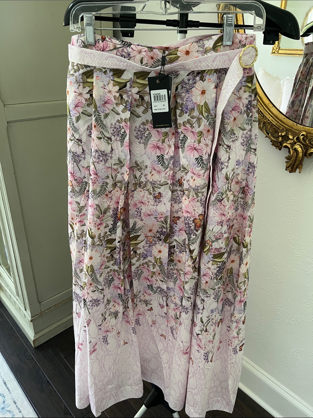 Nwt Aqua Blu Annette Butterfly Floral Cotton & Silk Pleated Maxi Skirt